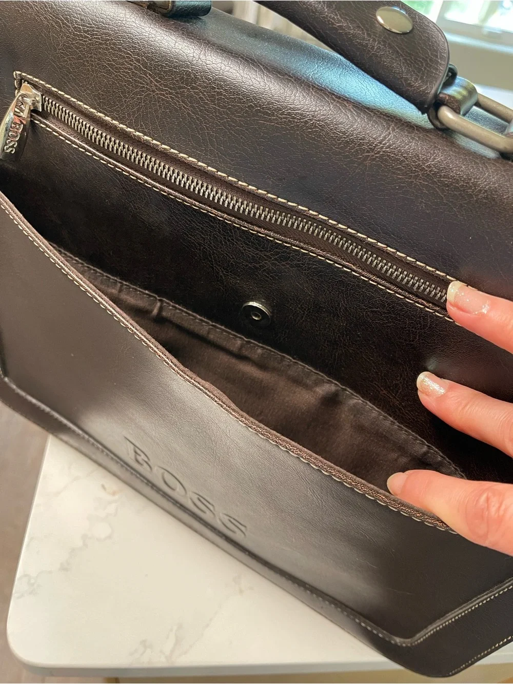 BOSS Brown Leather Briefcase with Shoulder Strap